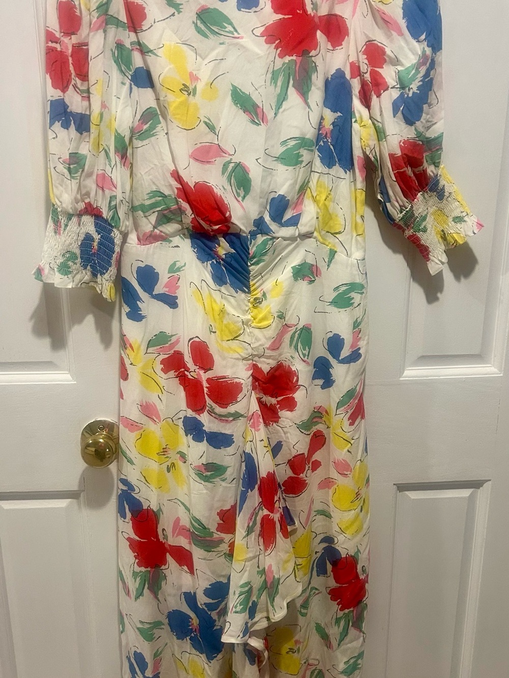 Rixo Floral Puff-Sleeve Midi Dress in White with Multicolor Blooms